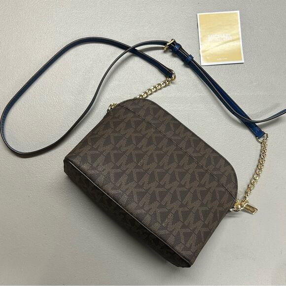 Michael Kors Crossbody Purse Cindy Dome Blue Center Stripe Brown MK Logo Bag NWT - Picture 2 of 8